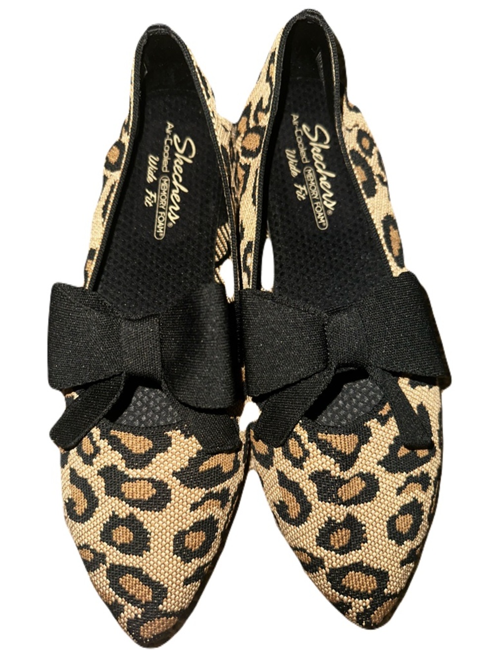 Skechers Leopard Print Pointed Toe Flats with Black Bow
